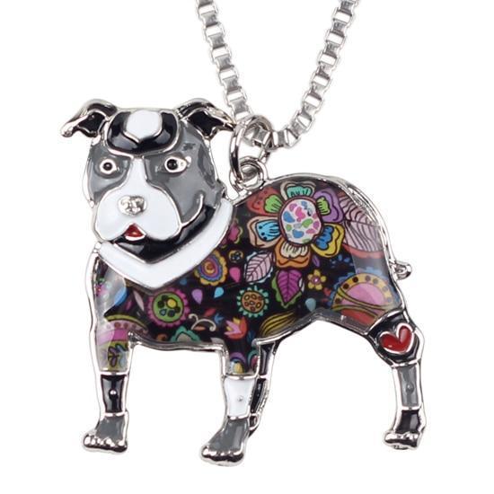 Pit Bull Enamel Pendant Chain Womens Dog Necklace Happy Paws Grey 