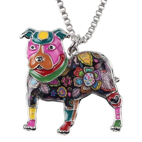Pit Bull Enamel Pendant Chain Womens Dog Necklace Happy Paws Multicolor 