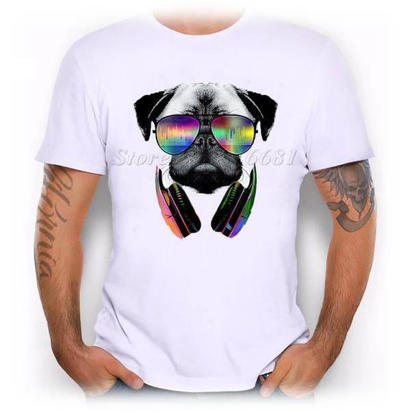 Pug DJ Mens Dog T-shirt Happy Paws Small 