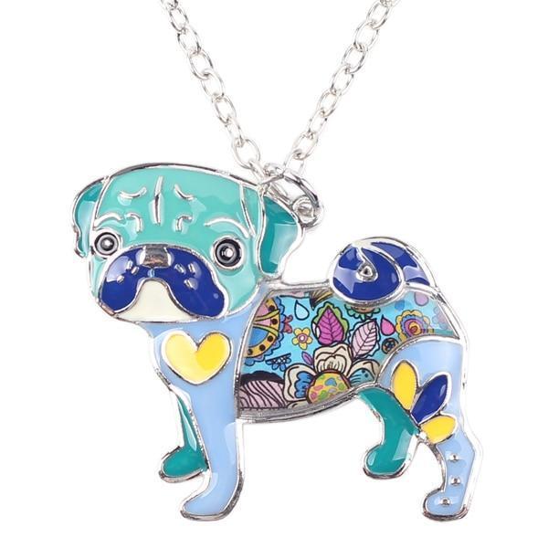 Pug Dog Enamel Pendant Chain Womens Dog Necklace Happy Paws Blue 