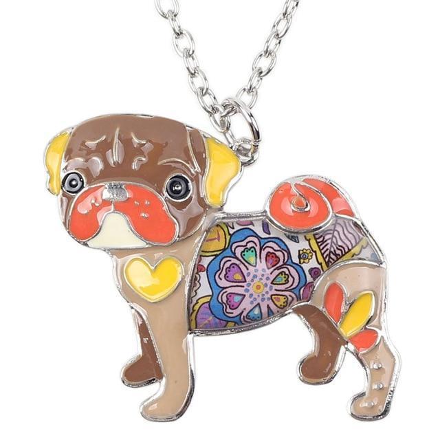 Pug Dog Enamel Pendant Chain Womens Dog Necklace Happy Paws Brown 