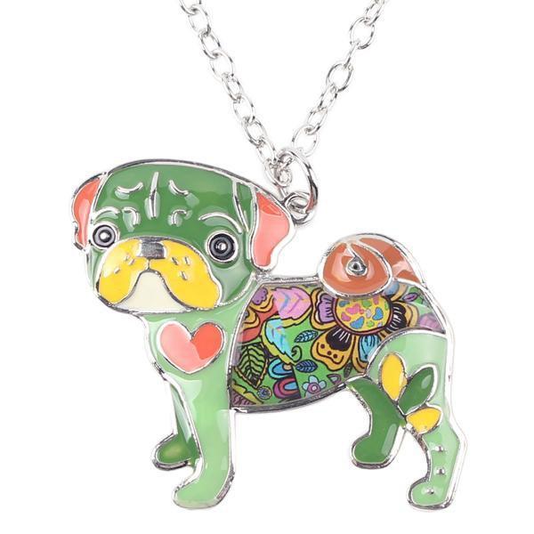 Pug Dog Enamel Pendant Chain Womens Dog Necklace Happy Paws Green 