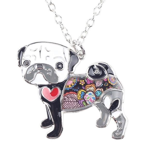 Pug Dog Enamel Pendant Chain Womens Dog Necklace Happy Paws Grey 