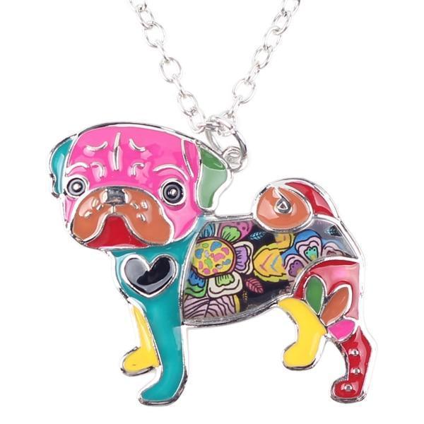 Pug Dog Enamel Pendant Chain Womens Dog Necklace Happy Paws Multicolor 