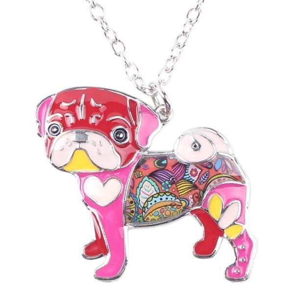 Pug Dog Enamel Pendant Chain Womens Dog Necklace Happy Paws Red 