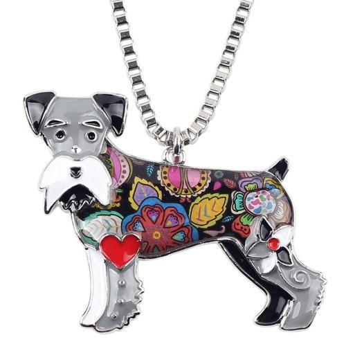 Schnauzer Enamel Pendant Chain Womens Dog Necklace Happy Paws Grey 