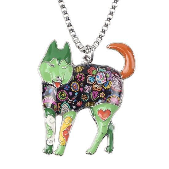 Siberian Husky Enamel Pendant Chain Womens Dog Necklace Happy Paws Green 