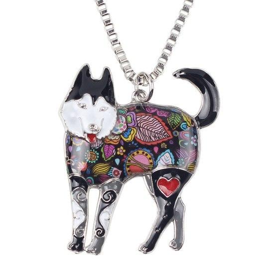 Siberian Husky Enamel Pendant Chain Womens Dog Necklace Happy Paws Grey 