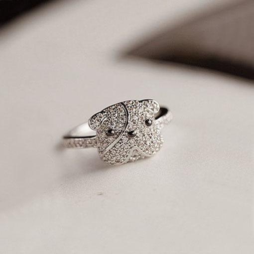 White Gold Crystal Ring Womens Dog Ring Happy Paws 5.5 British Bulldog 