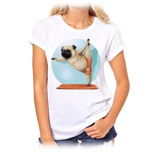 Yoga Pug Womens Dog T-shirt Happy Paws Small 