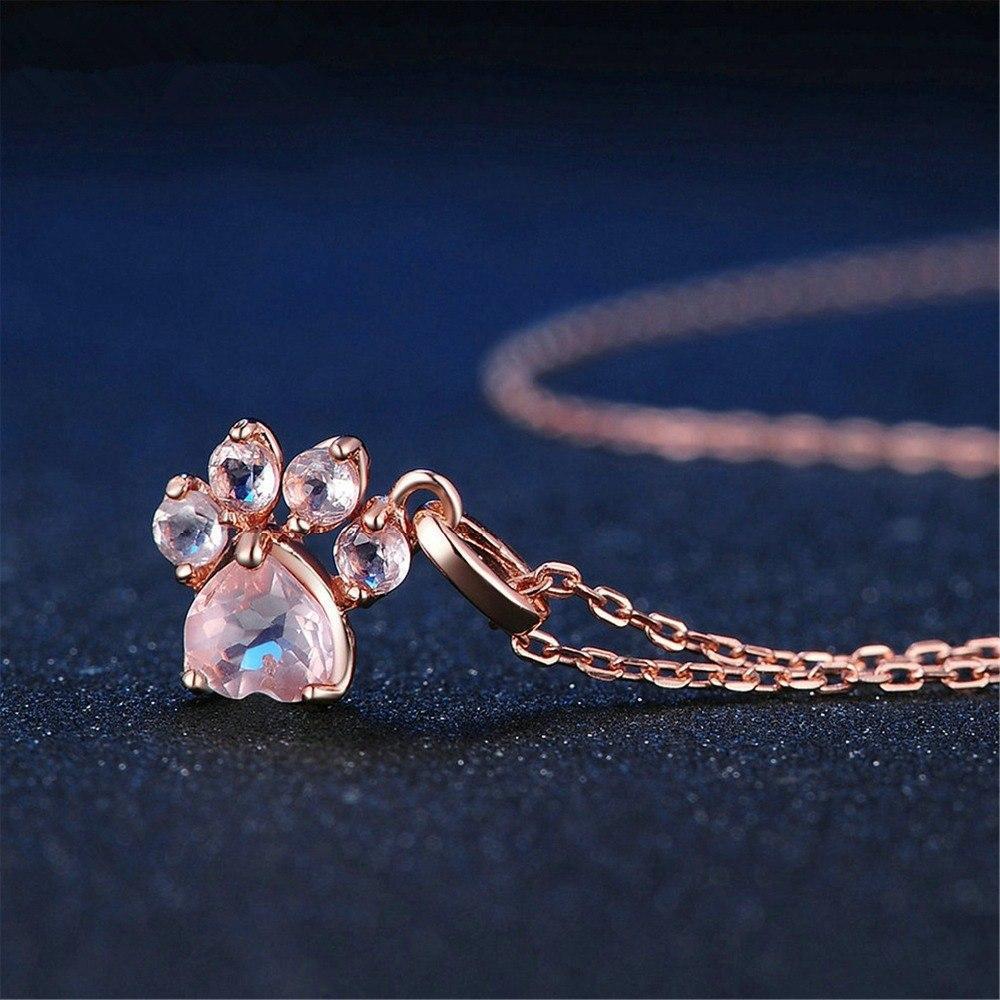 Zirconia Paw Pendant Chain Womens Dog Necklace Happy Paws 