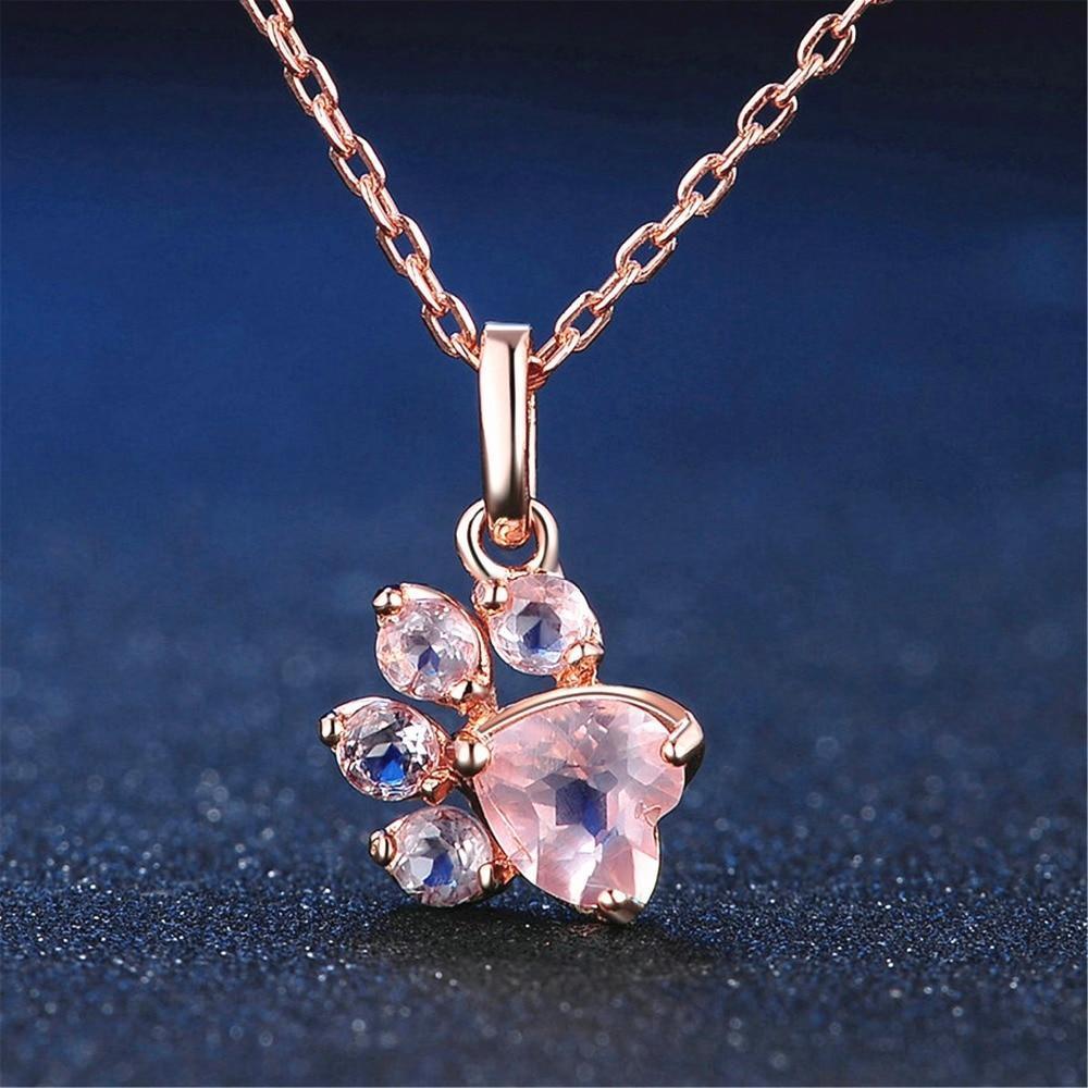 Zirconia Paw Pendant Chain Womens Dog Necklace Happy Paws Pink 