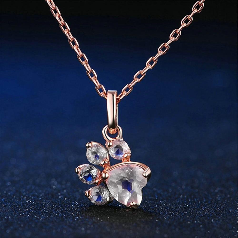 Zirconia Paw Pendant Chain Womens Dog Necklace Happy Paws White 
